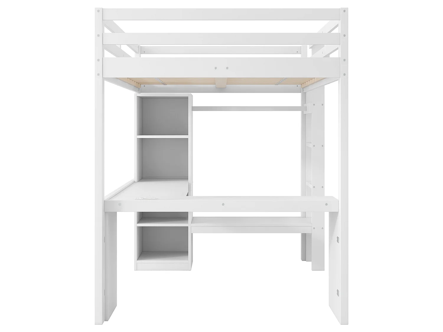 Lit mezzanine 140 x 200 cm avec bureau en L, étagères et penderie - MDF + pin -Eclairage LED et port USB - Blanc (sans matelas)