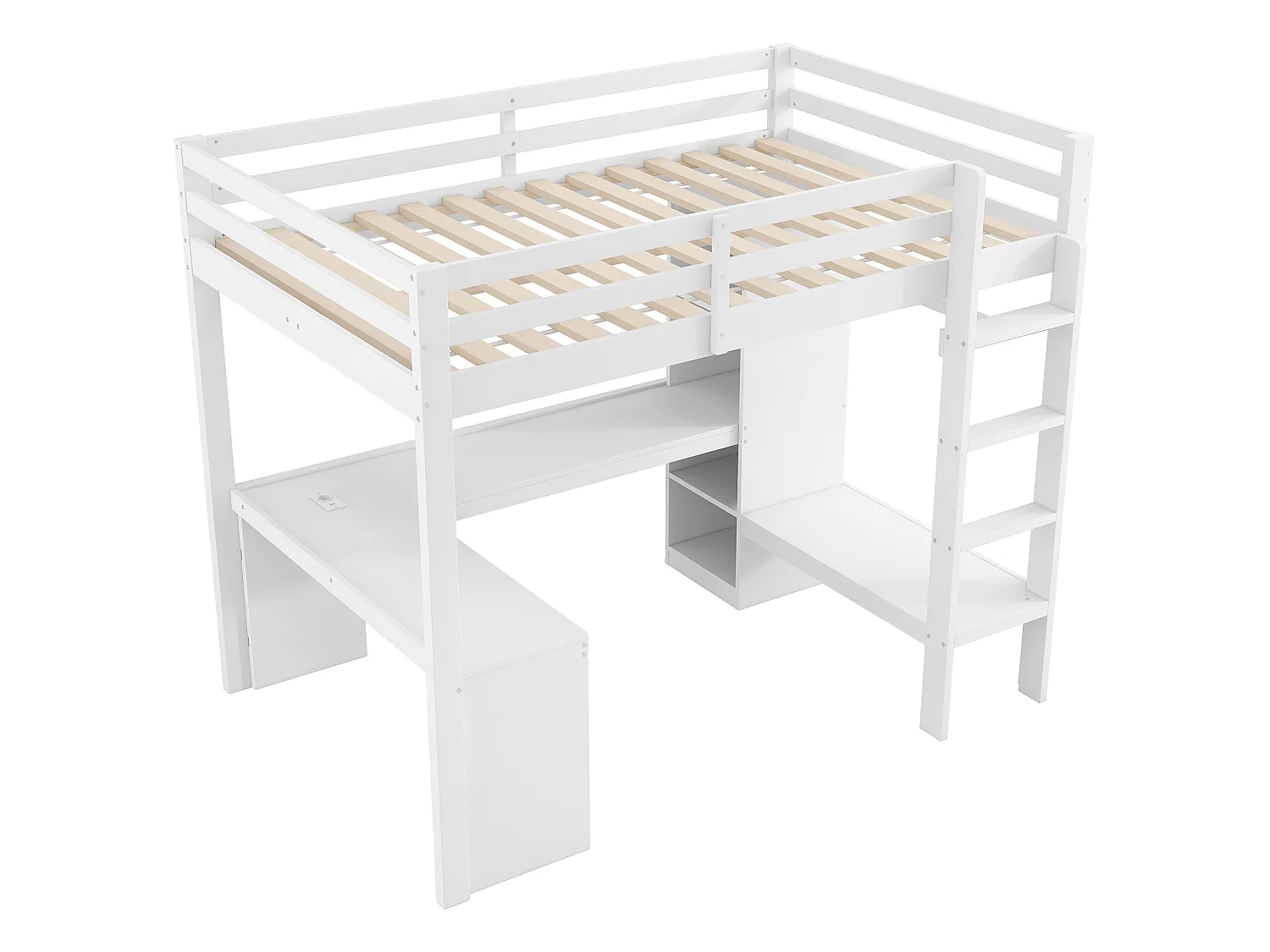 Lit mezzanine 140 x 200 cm avec bureau en L, étagères et penderie - MDF + pin -Eclairage LED et port USB - Blanc (sans matelas)