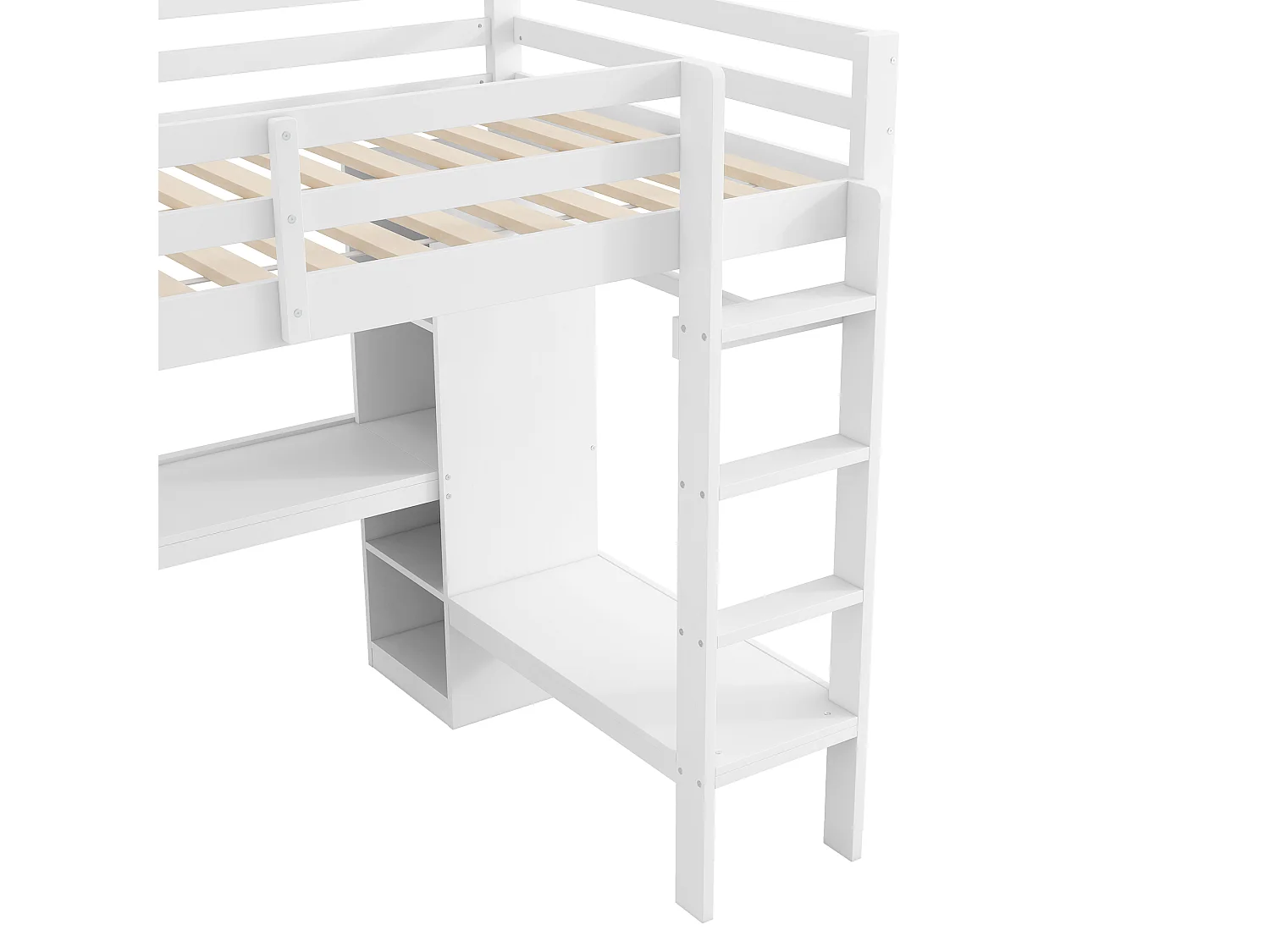 Lit mezzanine 140 x 200 cm avec bureau en L, étagères et penderie - MDF + pin -Eclairage LED et port USB - Blanc (sans matelas)