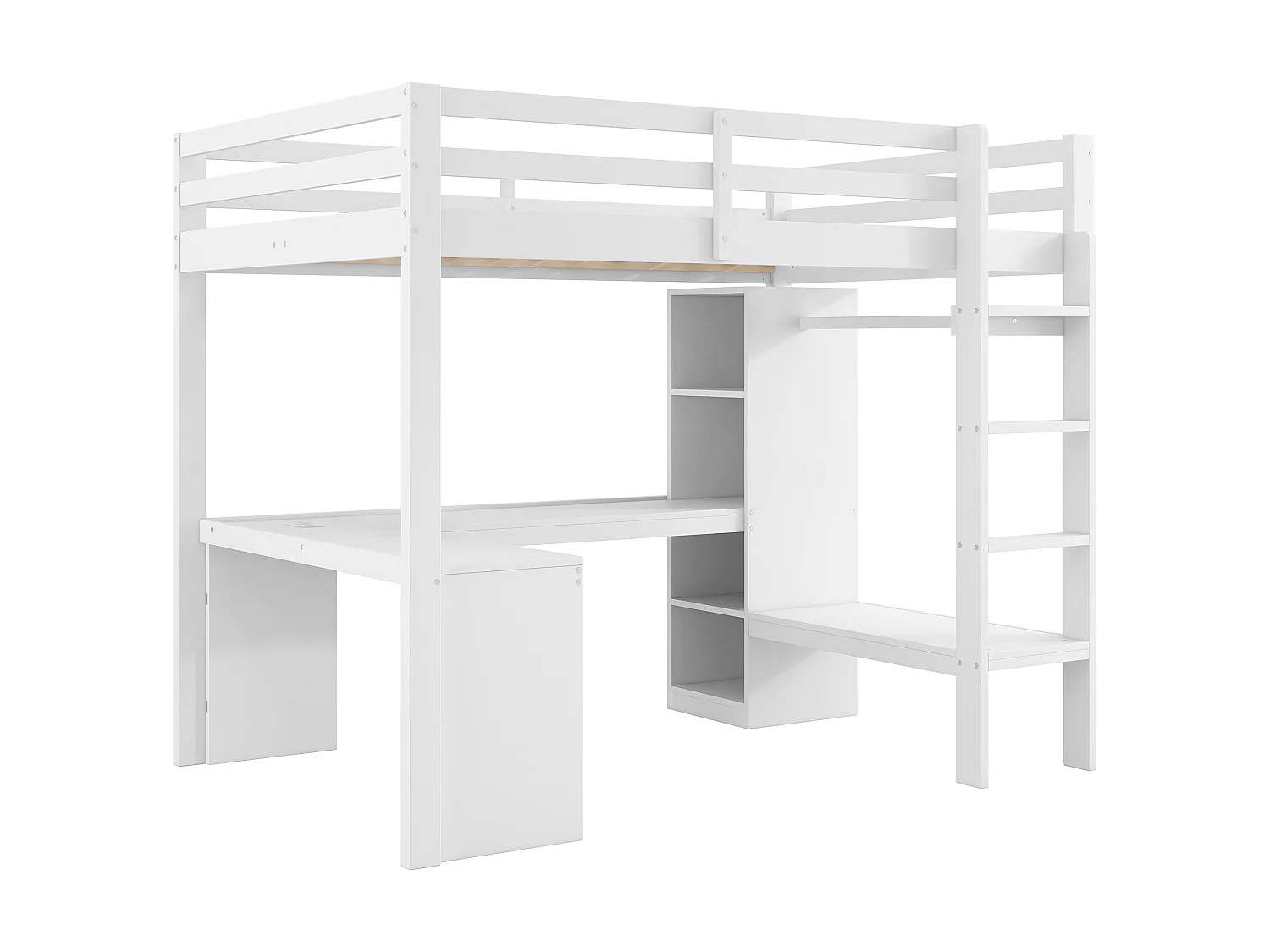 Lit mezzanine 140 x 200 cm avec bureau en L, étagères et penderie - MDF + pin -Eclairage LED et port USB - Blanc (sans matelas)