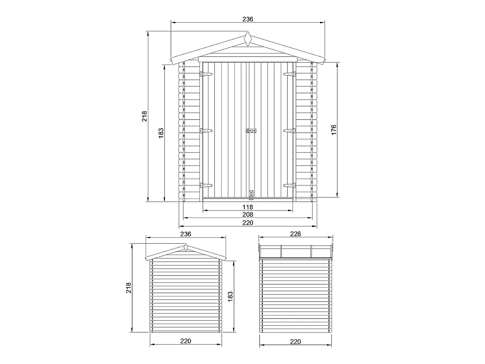 Houten Tuinhuis zonder Vloer -  4.33 m² / 226x236xH218 cm - M369C1