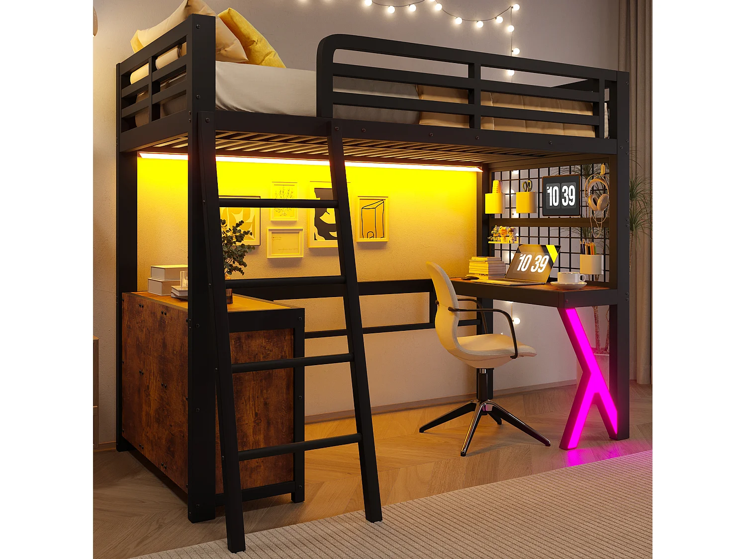 Lit mezzanine 90 x 200 cm - avec table - avec bande lumineuse LED - avec armoire de rangement - blanc (matelas non inclus)