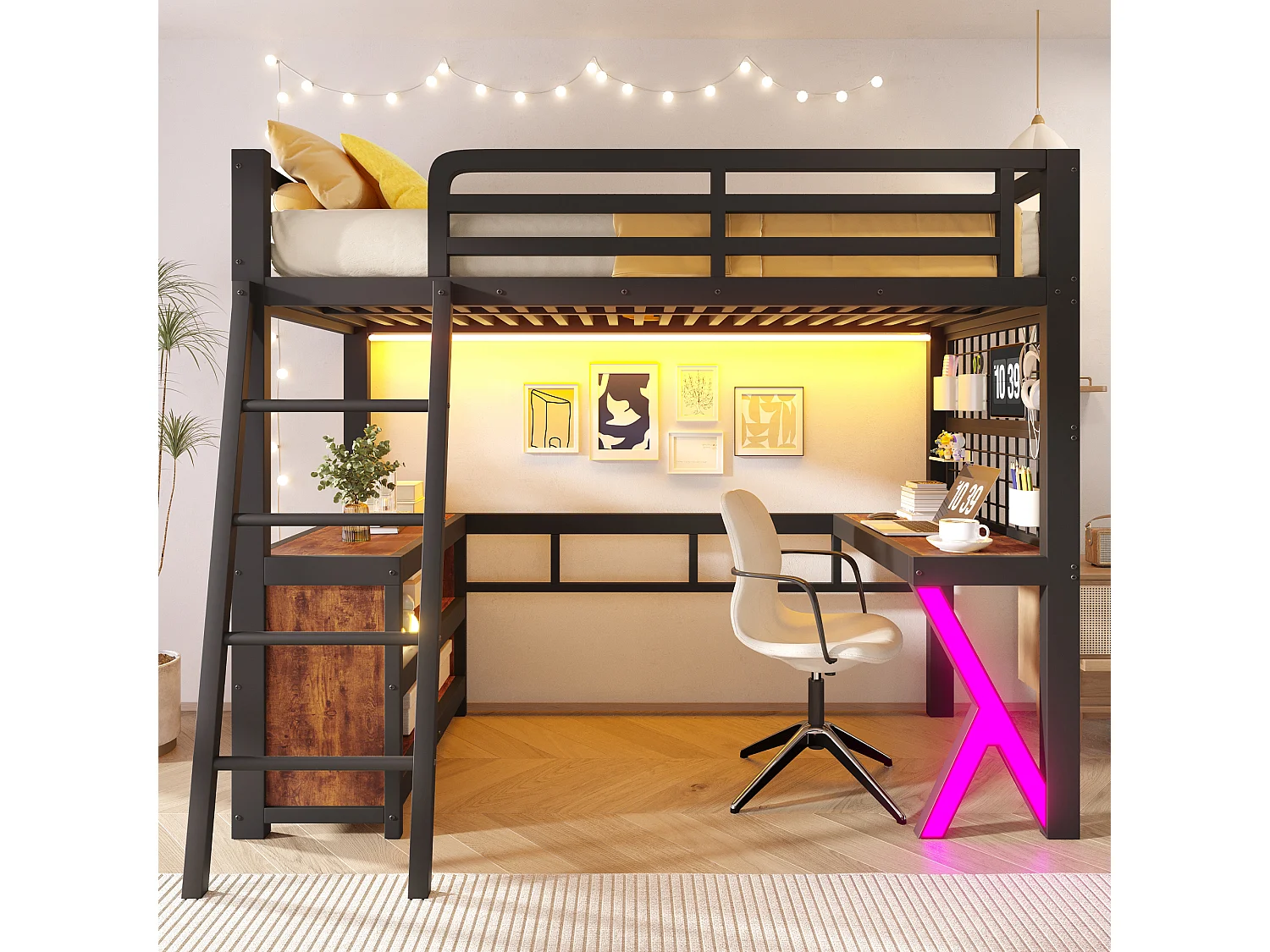 Lit mezzanine 90 x 200 cm - avec table - avec bande lumineuse LED - avec armoire de rangement - blanc (matelas non inclus)