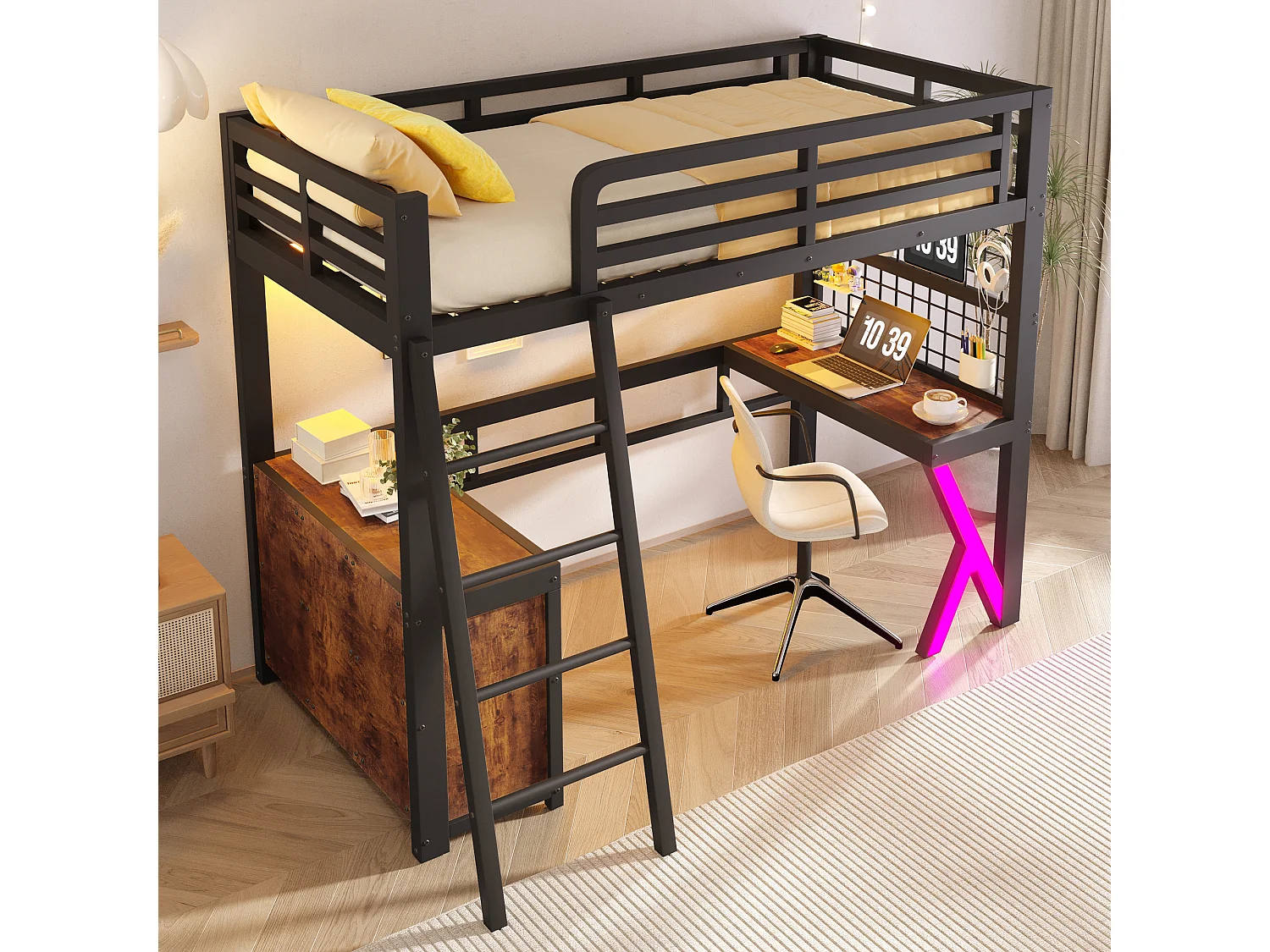 Lit mezzanine 90 x 200 cm - avec table - avec bande lumineuse LED - avec armoire de rangement - blanc (matelas non inclus)