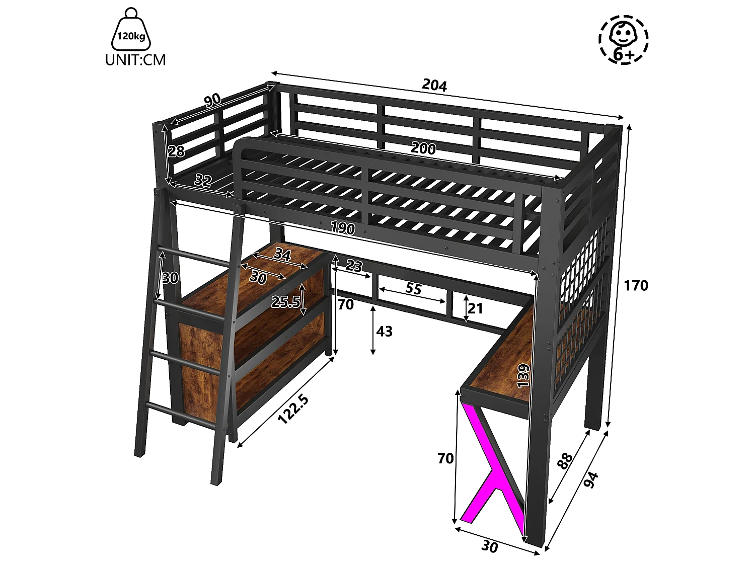 Lit mezzanine 90 x 200 cm - avec table - avec bande lumineuse LED - avec armoire de rangement - blanc (matelas non inclus)