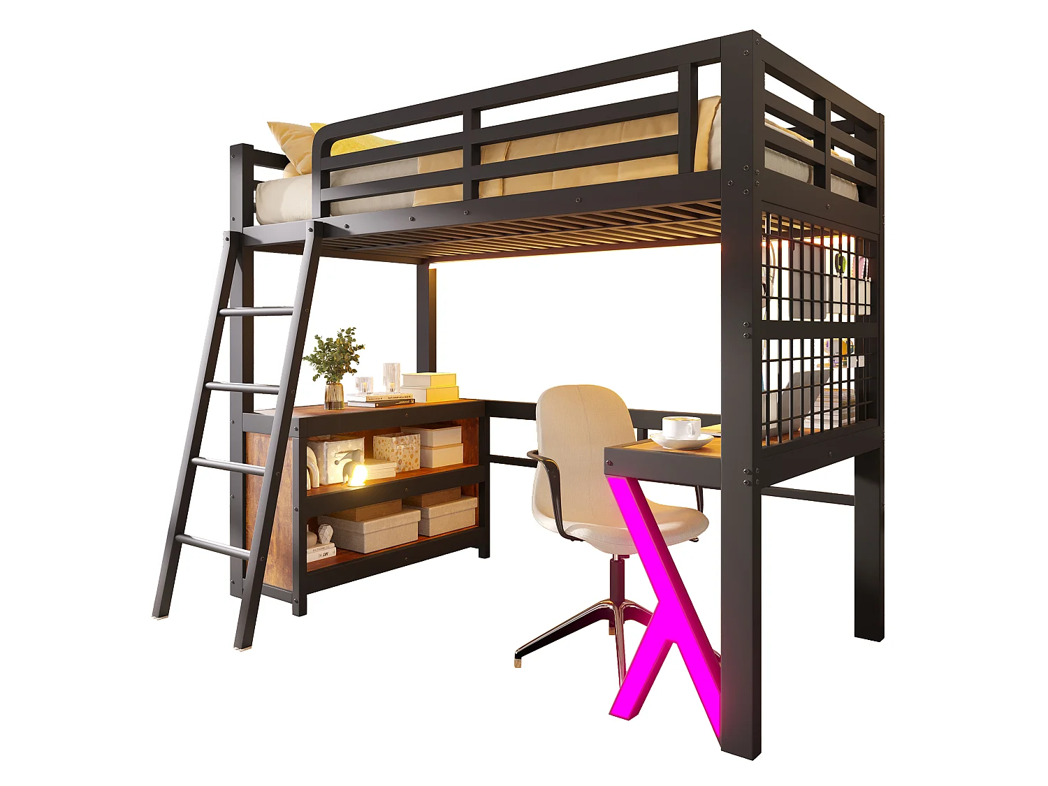 Lit mezzanine 90 x 200 cm - avec table - avec bande lumineuse LED - avec armoire de rangement - blanc (matelas non inclus)