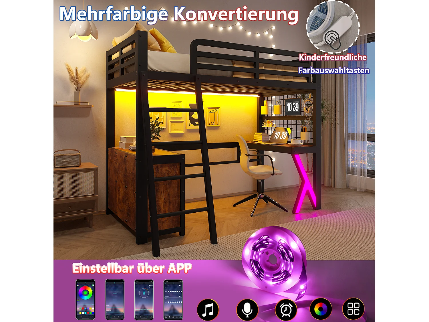 Lit mezzanine 90 x 200 cm - avec table - avec bande lumineuse LED - avec armoire de rangement - blanc (matelas non inclus)