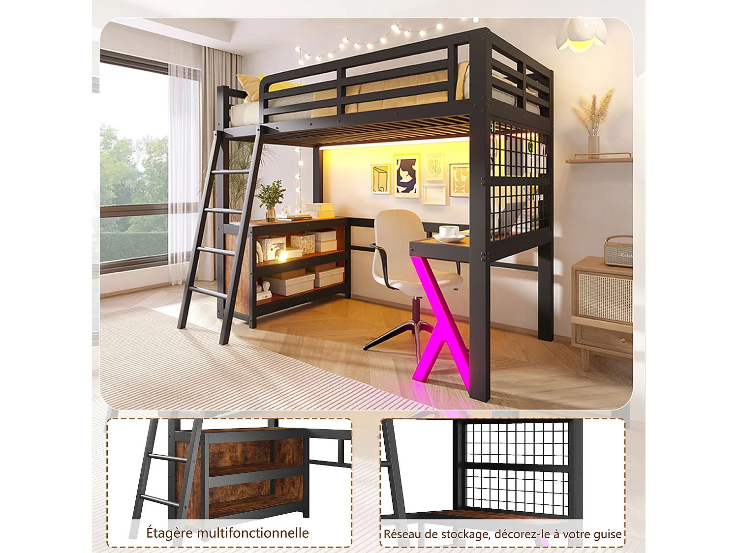Lit mezzanine 90 x 200 cm - avec table - avec bande lumineuse LED - avec armoire de rangement - blanc (matelas non inclus)