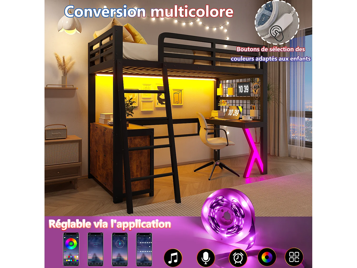 Lit mezzanine 90 x 200 cm - avec table - avec bande lumineuse LED - avec armoire de rangement - blanc (matelas non inclus)
