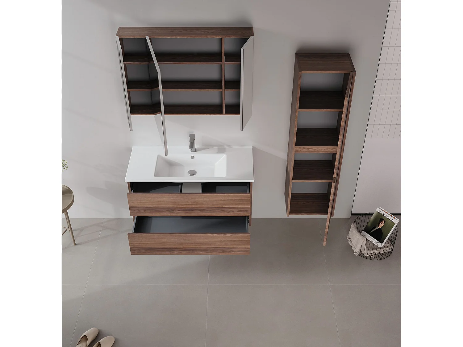 Modern Mörk Valnöt Badrumsskåp med Spegel - 100 x 16 x 66 cm - Elegant Förvaringslösning