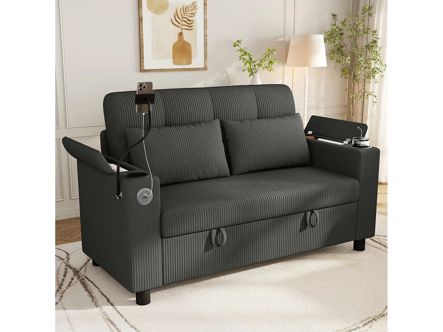 Canapé 2 places moderne - avec espace de rangement dissimulé - port USB/Type-C et support pour téléphone - 2 coussins - velours côtelé - gris