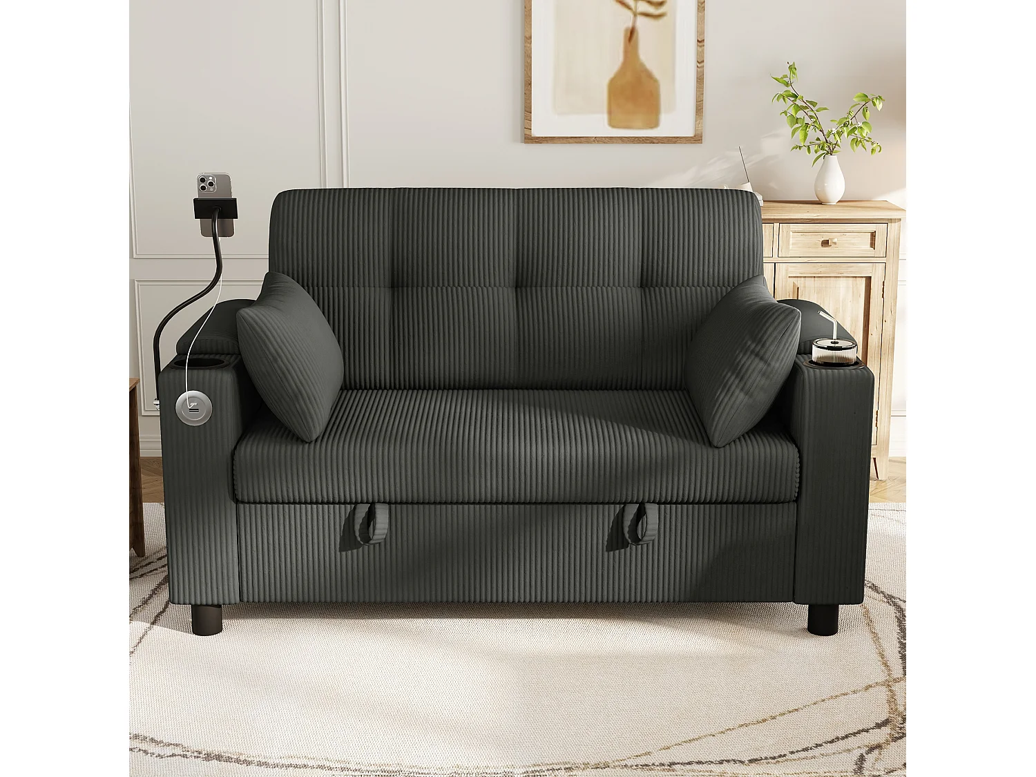 Canapé 2 places moderne - avec espace de rangement dissimulé - port USB/Type-C et support pour téléphone - 2 coussins - velours côtelé - gris