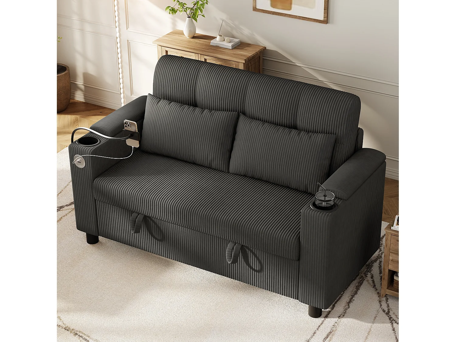 Canapé 2 places moderne - avec espace de rangement dissimulé - port USB/Type-C et support pour téléphone - 2 coussins - velours côtelé - gris