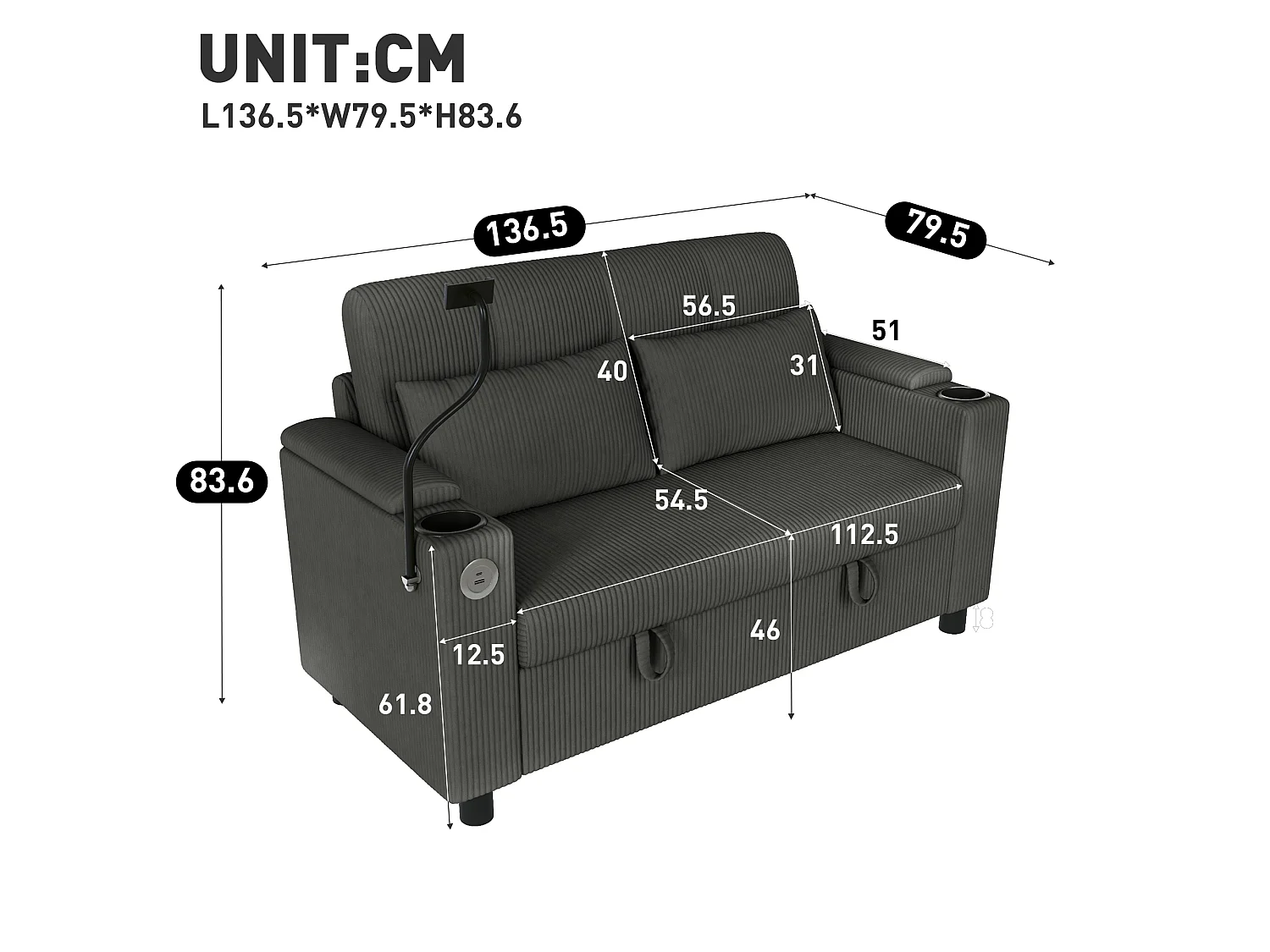 Canapé 2 places moderne - avec espace de rangement dissimulé - port USB/Type-C et support pour téléphone - 2 coussins - velours côtelé - gris