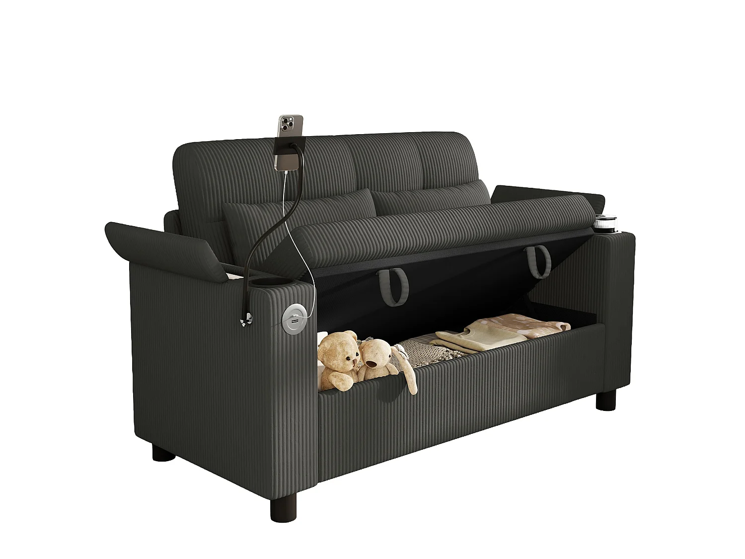 Canapé 2 places moderne - avec espace de rangement dissimulé - port USB/Type-C et support pour téléphone - 2 coussins - velours côtelé - gris