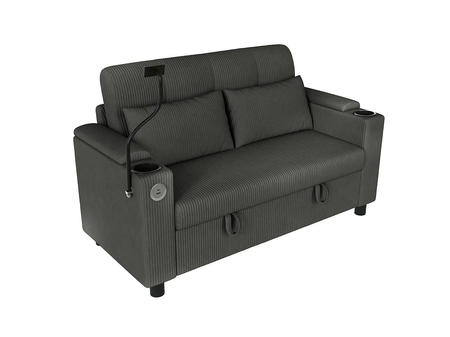 Canapé 2 places moderne - avec espace de rangement dissimulé - port USB/Type-C et support pour téléphone - 2 coussins - velours côtelé - gris