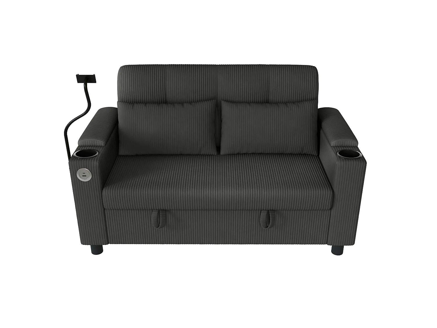 Canapé 2 places moderne - avec espace de rangement dissimulé - port USB/Type-C et support pour téléphone - 2 coussins - velours côtelé - gris