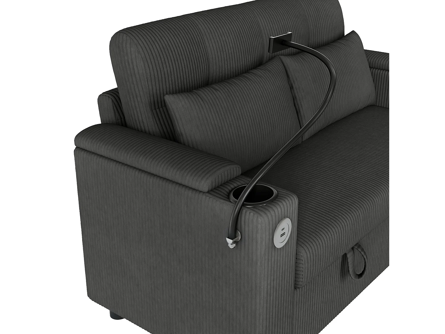 Canapé 2 places moderne - avec espace de rangement dissimulé - port USB/Type-C et support pour téléphone - 2 coussins - velours côtelé - gris