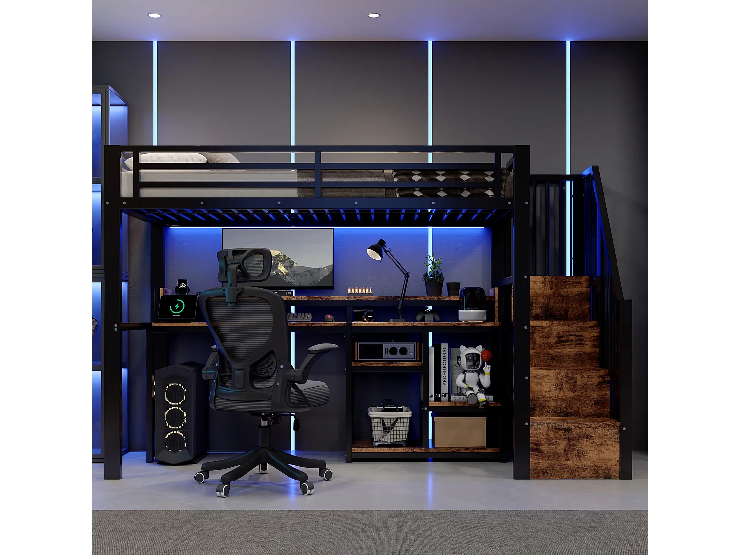 Lit mezzanine 90 x 200 cm  - Avec compartiments de rangement - Avec ports USB + Type-C - Avec bande lumineuse LED - Noir (matelas non inclus)