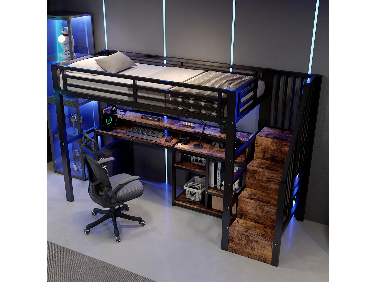 Lit mezzanine 90 x 200 cm  - Avec compartiments de rangement - Avec ports USB + Type-C - Avec bande lumineuse LED - Noir (matelas non inclus)