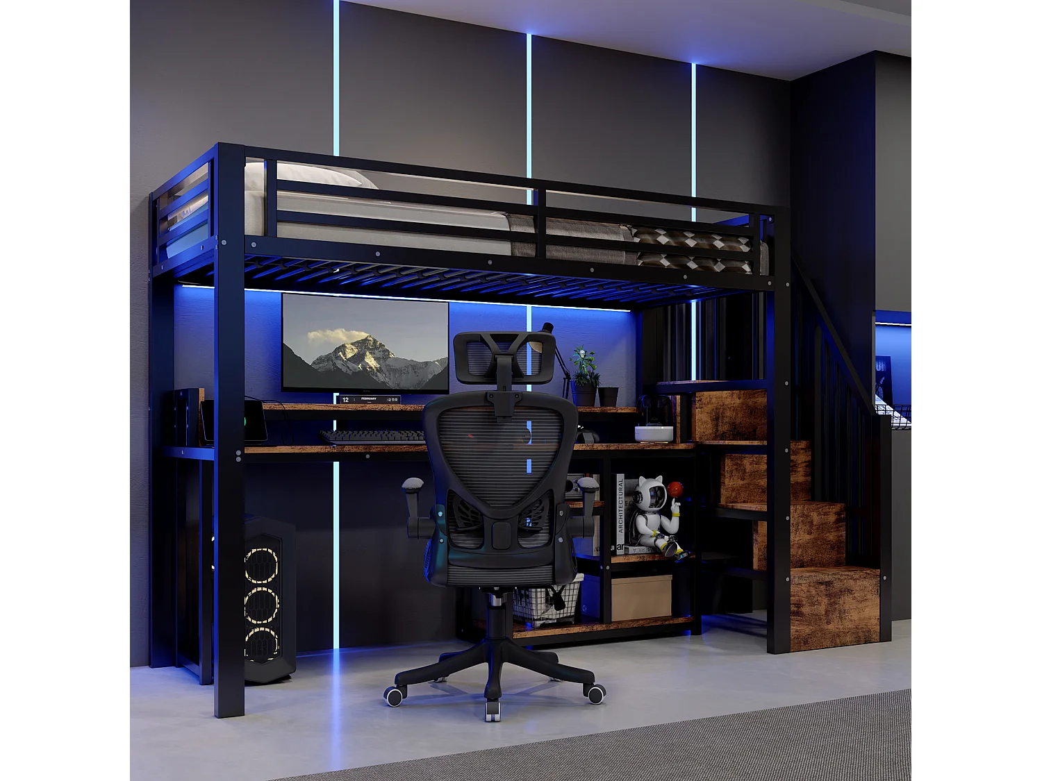 Lit mezzanine 90 x 200 cm  - Avec compartiments de rangement - Avec ports USB + Type-C - Avec bande lumineuse LED - Noir (matelas non inclus)