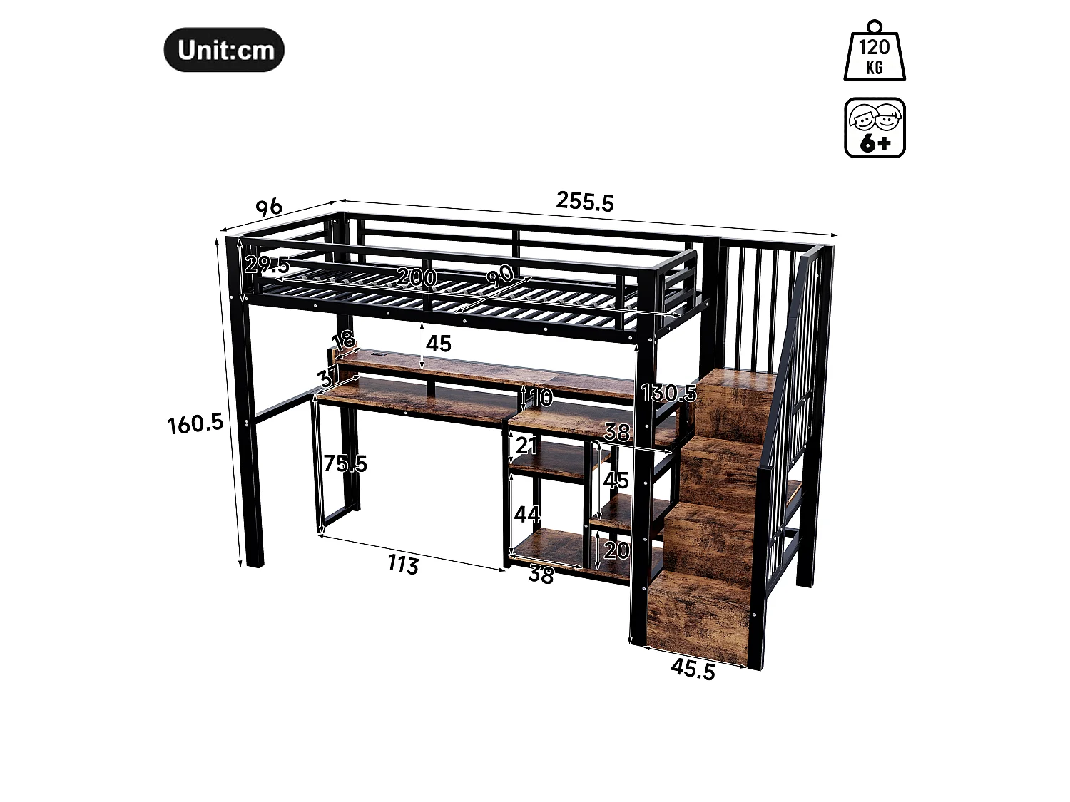 Lit mezzanine 90 x 200 cm  - Avec compartiments de rangement - Avec ports USB + Type-C - Avec bande lumineuse LED - Noir (matelas non inclus)