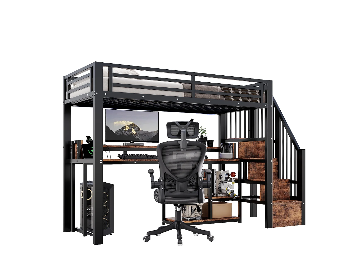 Lit mezzanine 90 x 200 cm  - Avec compartiments de rangement - Avec ports USB + Type-C - Avec bande lumineuse LED - Noir (matelas non inclus)