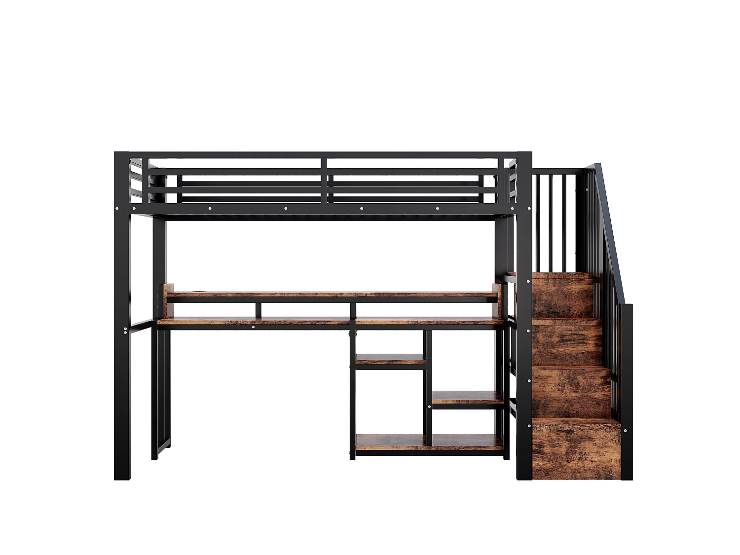 Lit mezzanine 90 x 200 cm  - Avec compartiments de rangement - Avec ports USB + Type-C - Avec bande lumineuse LED - Noir (matelas non inclus)