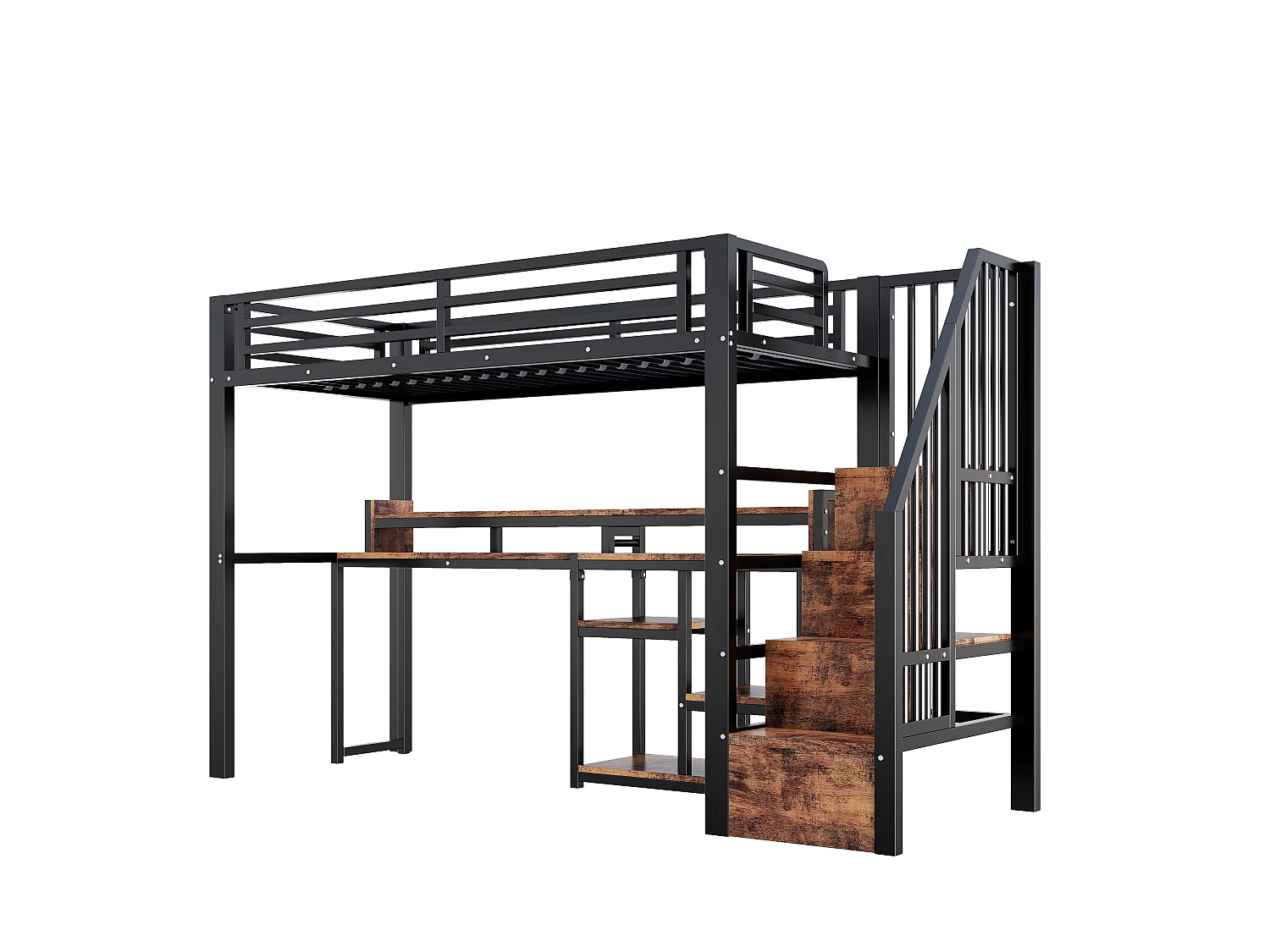 Lit mezzanine 90 x 200 cm  - Avec compartiments de rangement - Avec ports USB + Type-C - Avec bande lumineuse LED - Noir (matelas non inclus)