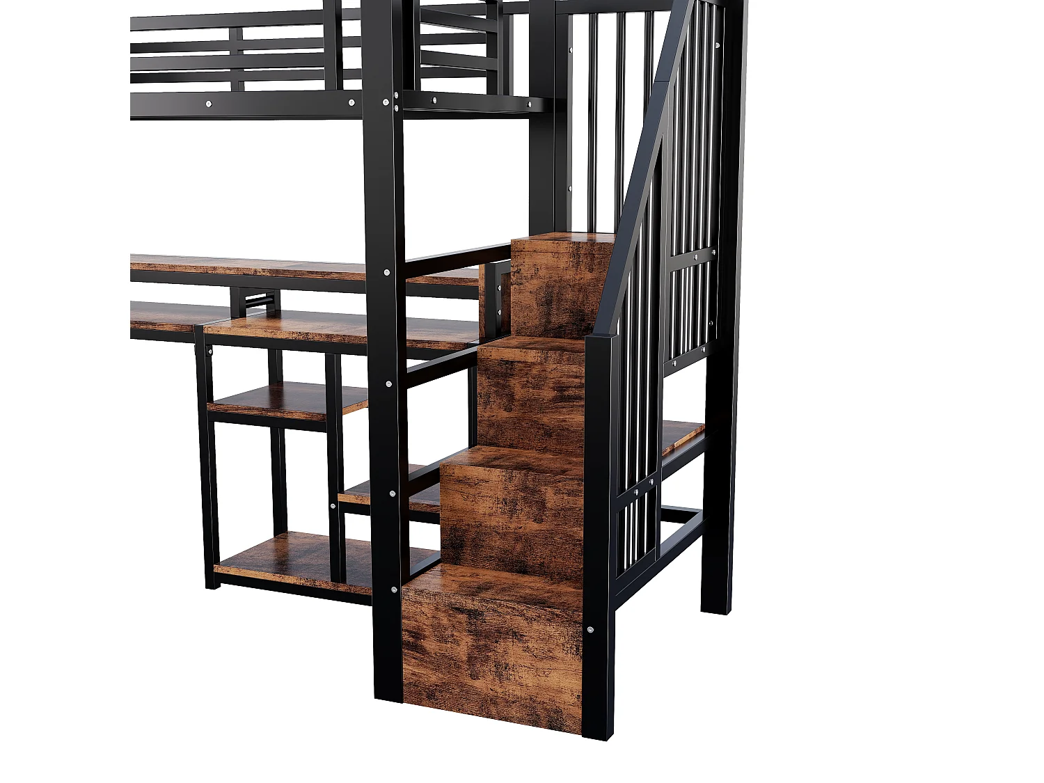 Lit mezzanine 90 x 200 cm  - Avec compartiments de rangement - Avec ports USB + Type-C - Avec bande lumineuse LED - Noir (matelas non inclus)