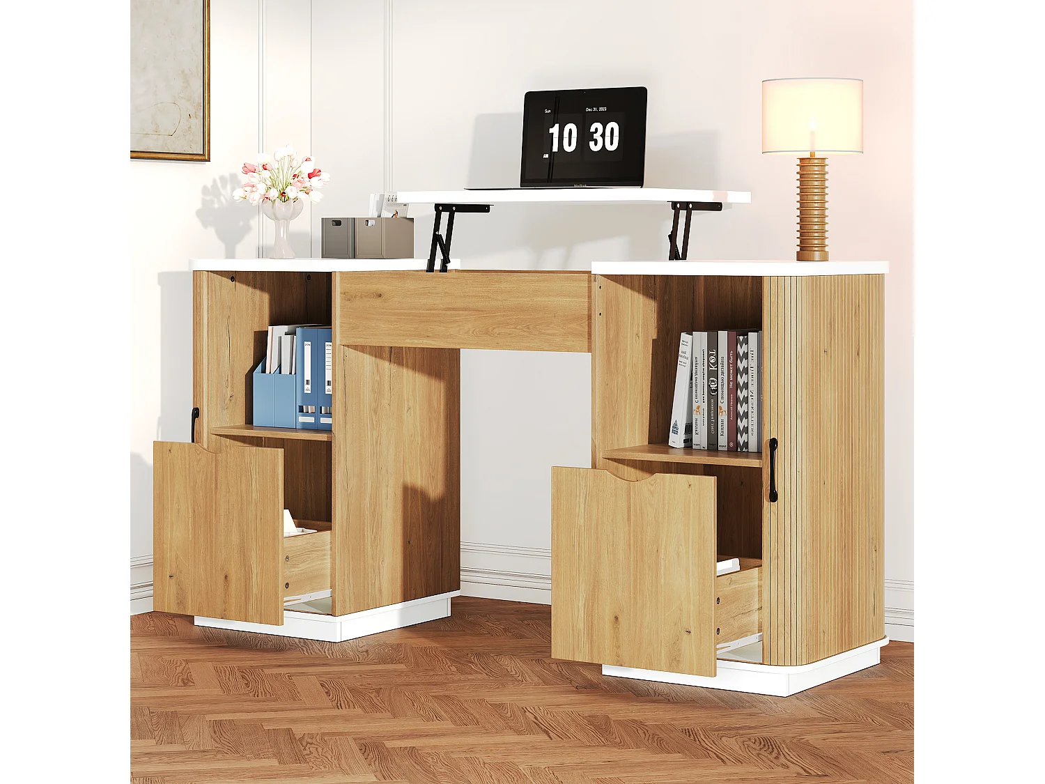 Bureau à hauteur réglable 140x50 cm - 2 tiroirs et 2 étagères ouvertes - Bureau d'ordinateur/Coiffeuse - Naturel+ Blanc