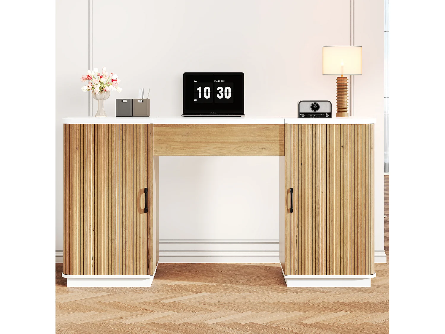 Bureau à hauteur réglable 140x50 cm - 2 tiroirs et 2 étagères ouvertes - Bureau d'ordinateur/Coiffeuse - Naturel+ Blanc
