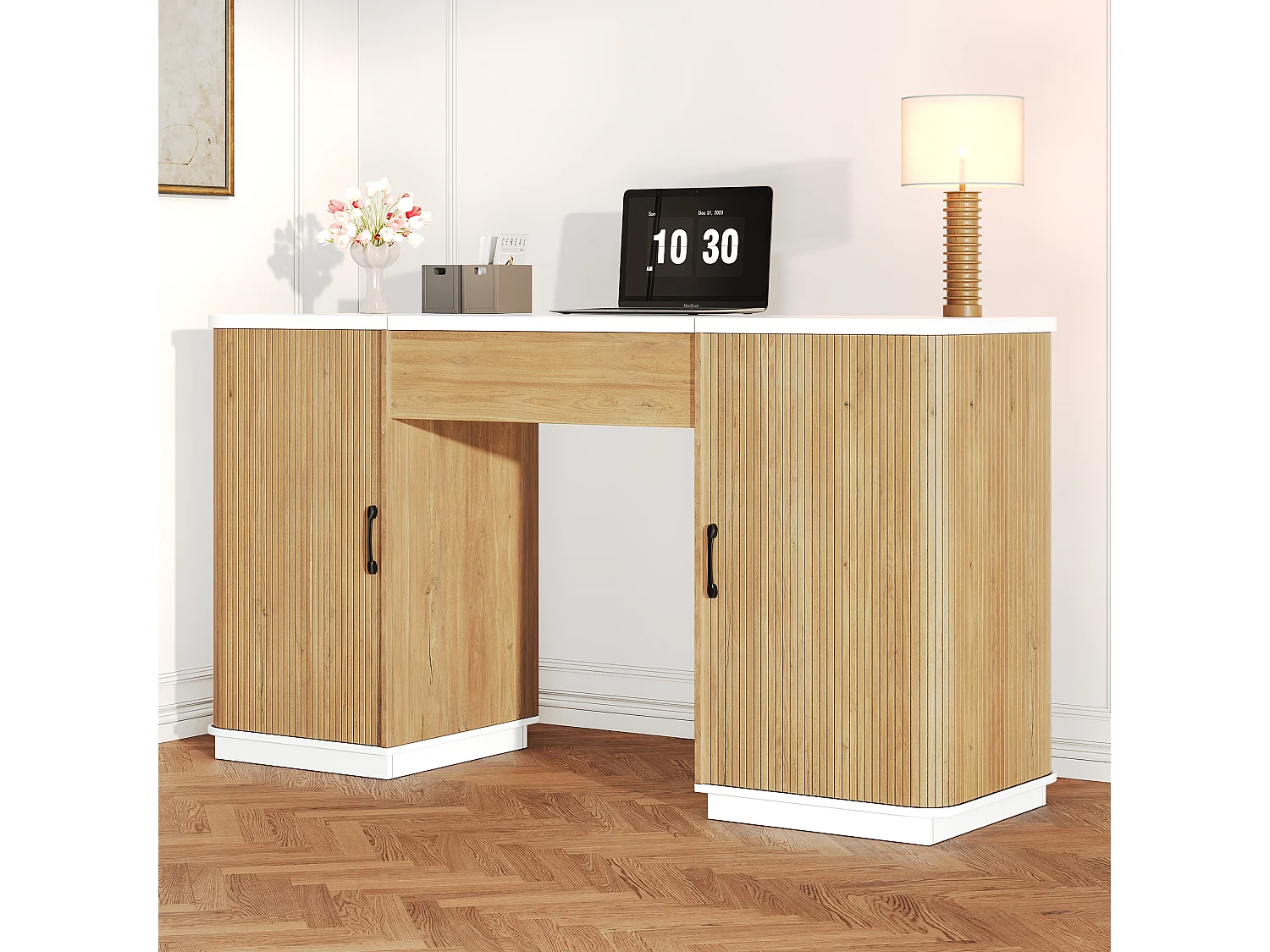 Bureau à hauteur réglable 140x50 cm - 2 tiroirs et 2 étagères ouvertes - Bureau d'ordinateur/Coiffeuse - Naturel+ Blanc