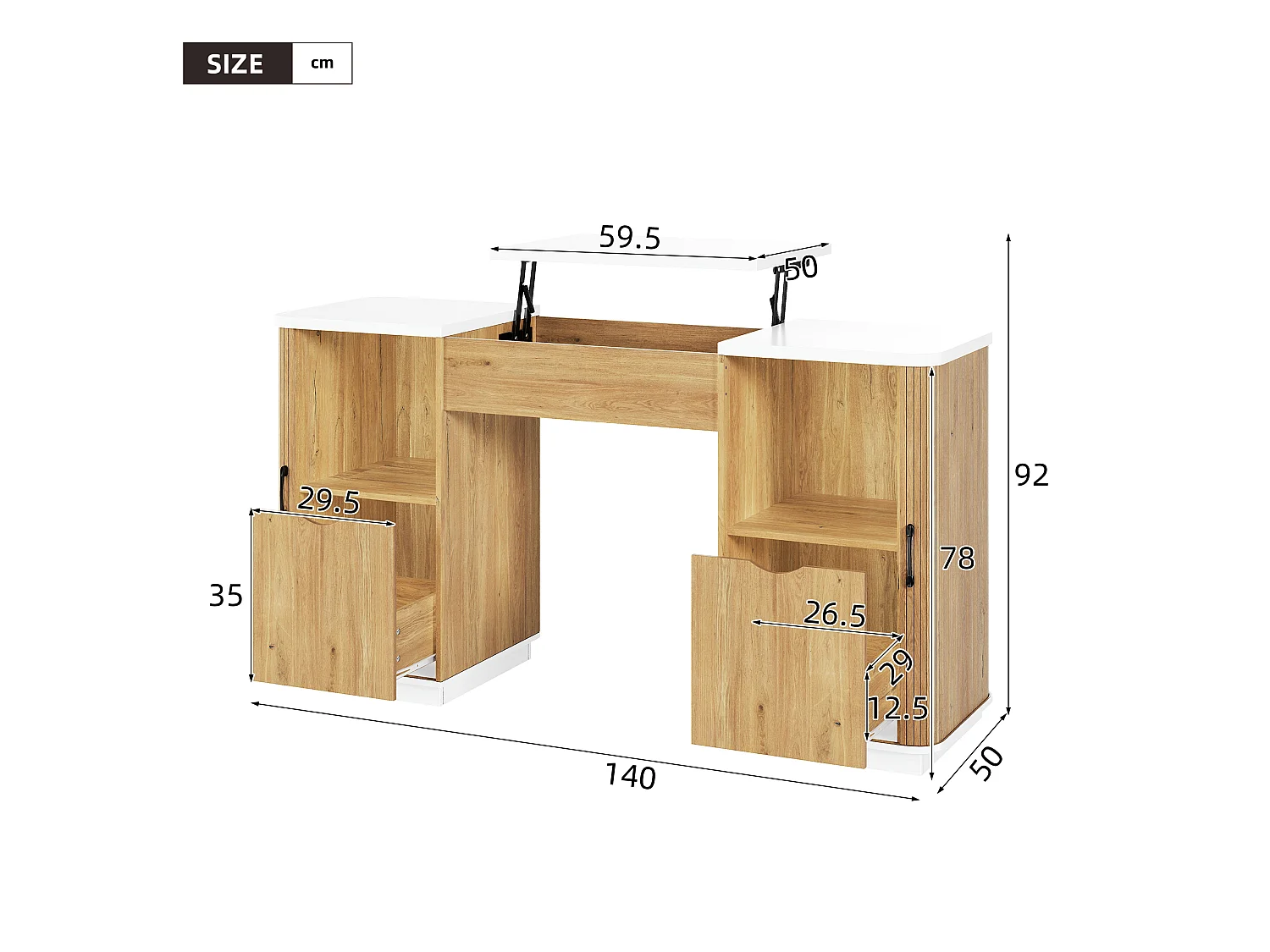 Bureau à hauteur réglable 140x50 cm - 2 tiroirs et 2 étagères ouvertes - Bureau d'ordinateur/Coiffeuse - Naturel+ Blanc