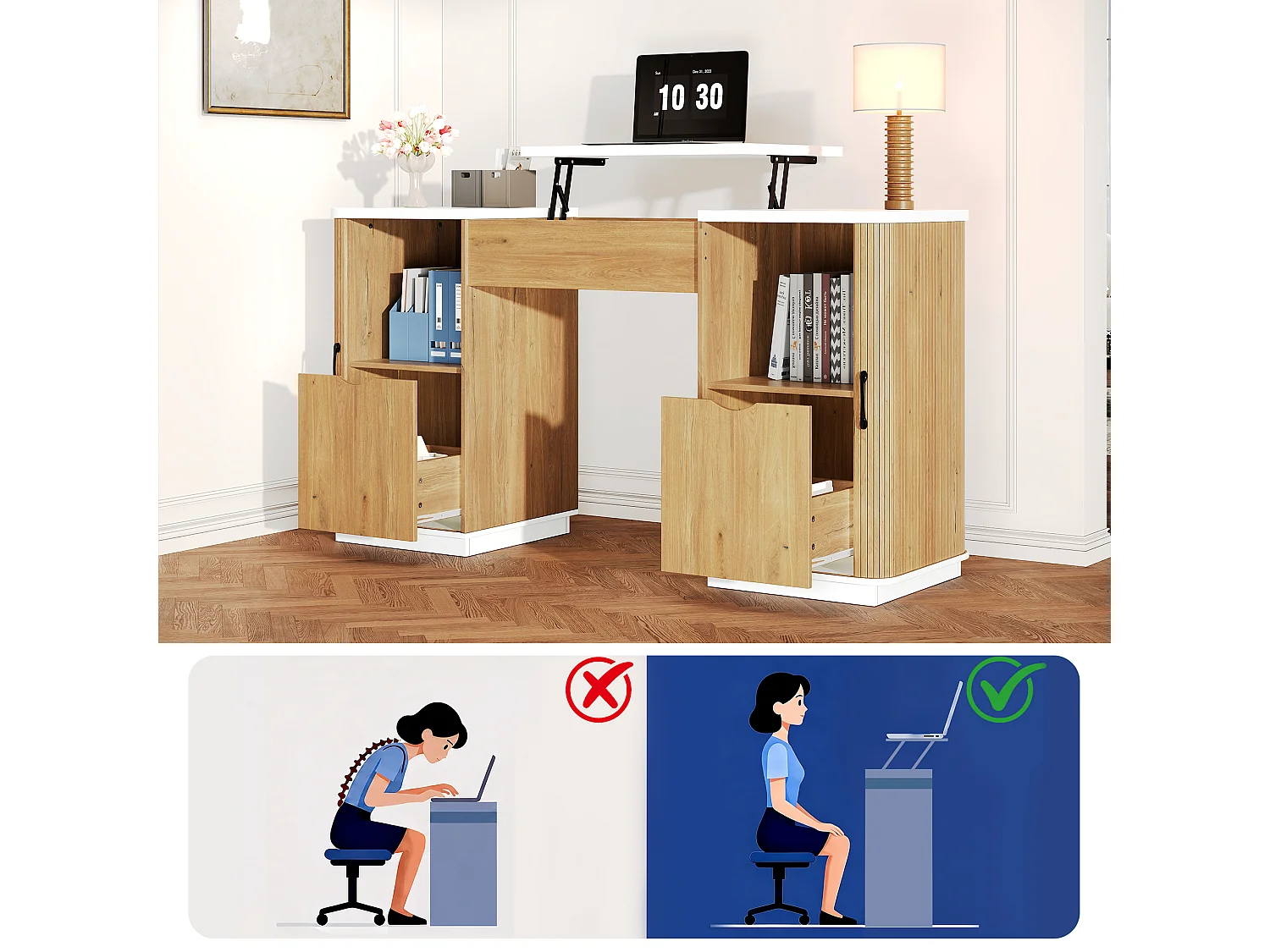 Bureau à hauteur réglable 140x50 cm - 2 tiroirs et 2 étagères ouvertes - Bureau d'ordinateur/Coiffeuse - Naturel+ Blanc