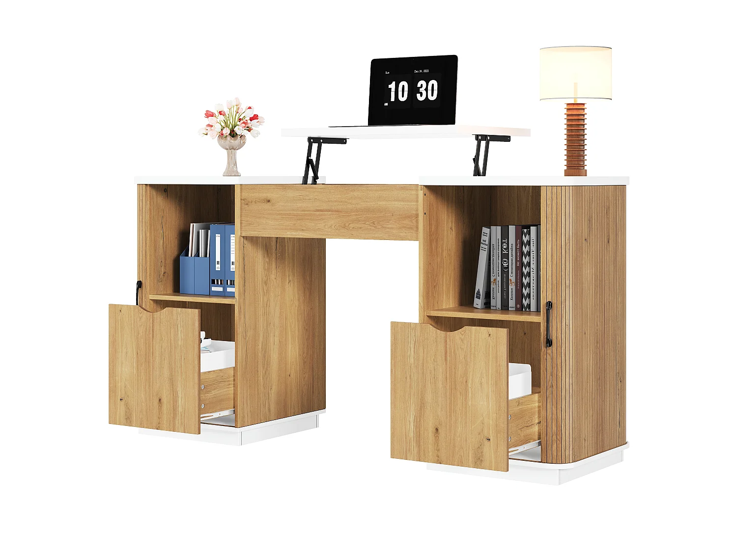 Bureau à hauteur réglable 140x50 cm - 2 tiroirs et 2 étagères ouvertes - Bureau d'ordinateur/Coiffeuse - Naturel+ Blanc