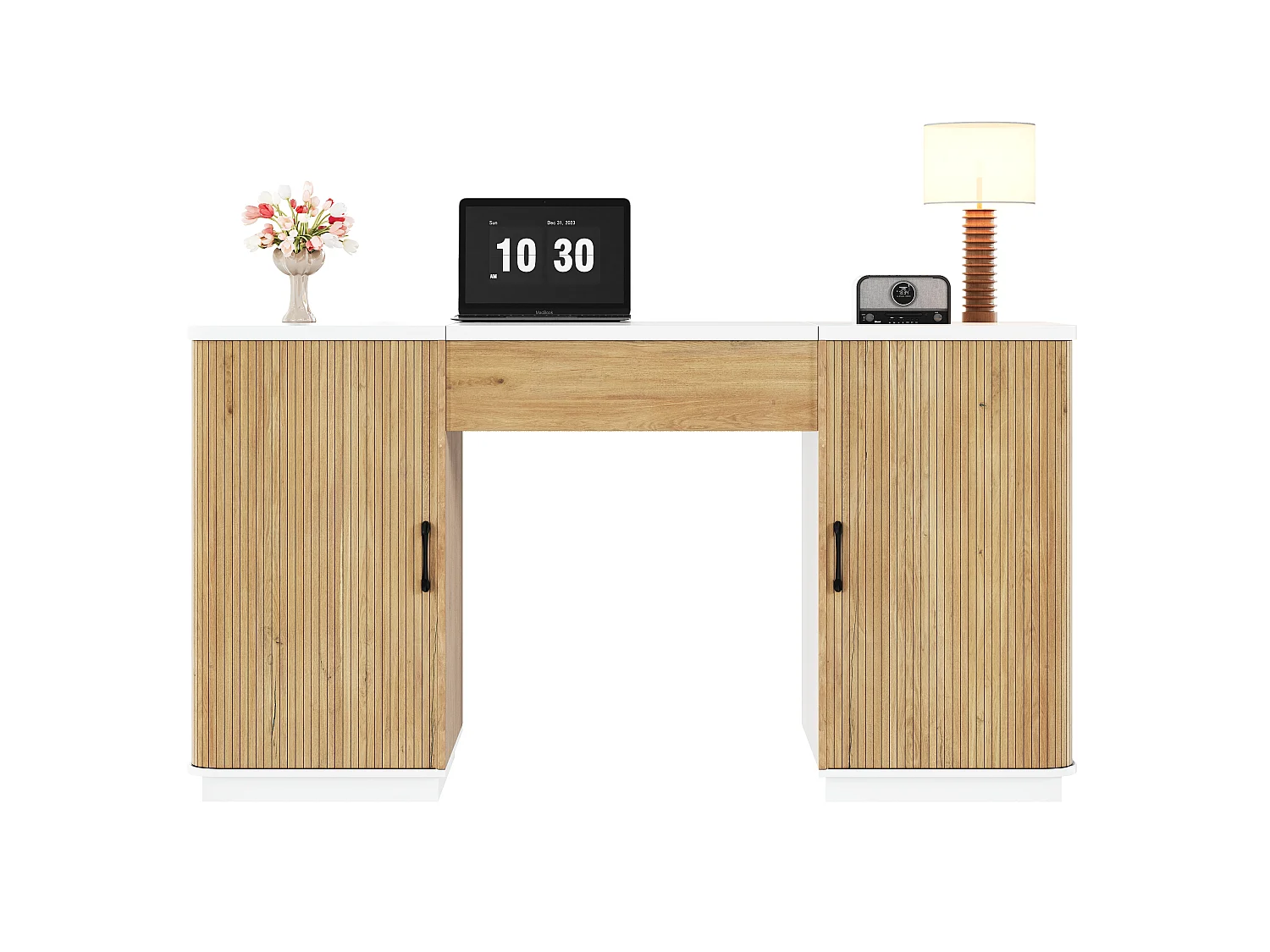 Bureau à hauteur réglable 140x50 cm - 2 tiroirs et 2 étagères ouvertes - Bureau d'ordinateur/Coiffeuse - Naturel+ Blanc