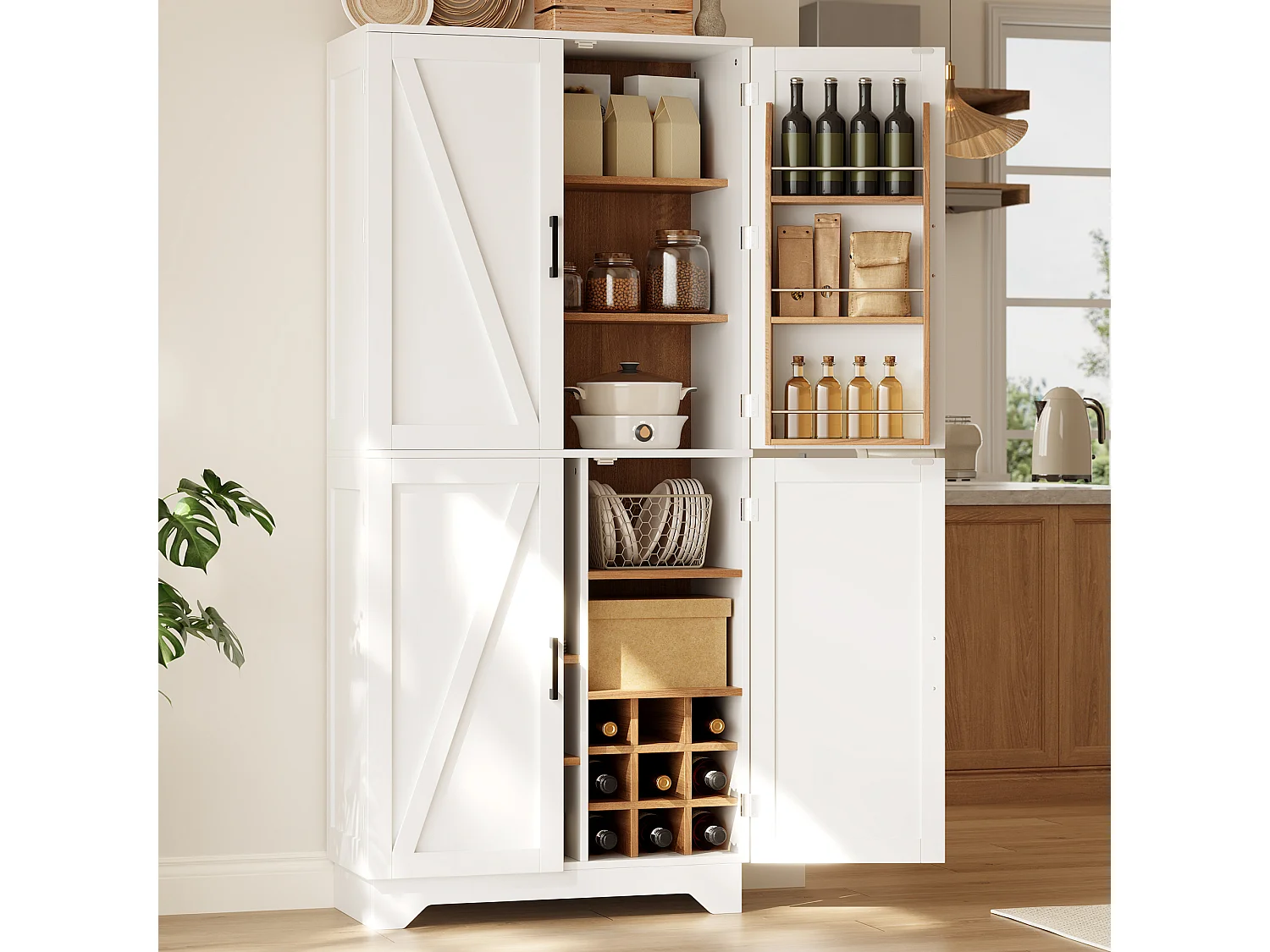 Bufet kuchenny 80x40x180cm - z 4 drzwiami - z półką na przyprawy - z regałem na wino - Biały