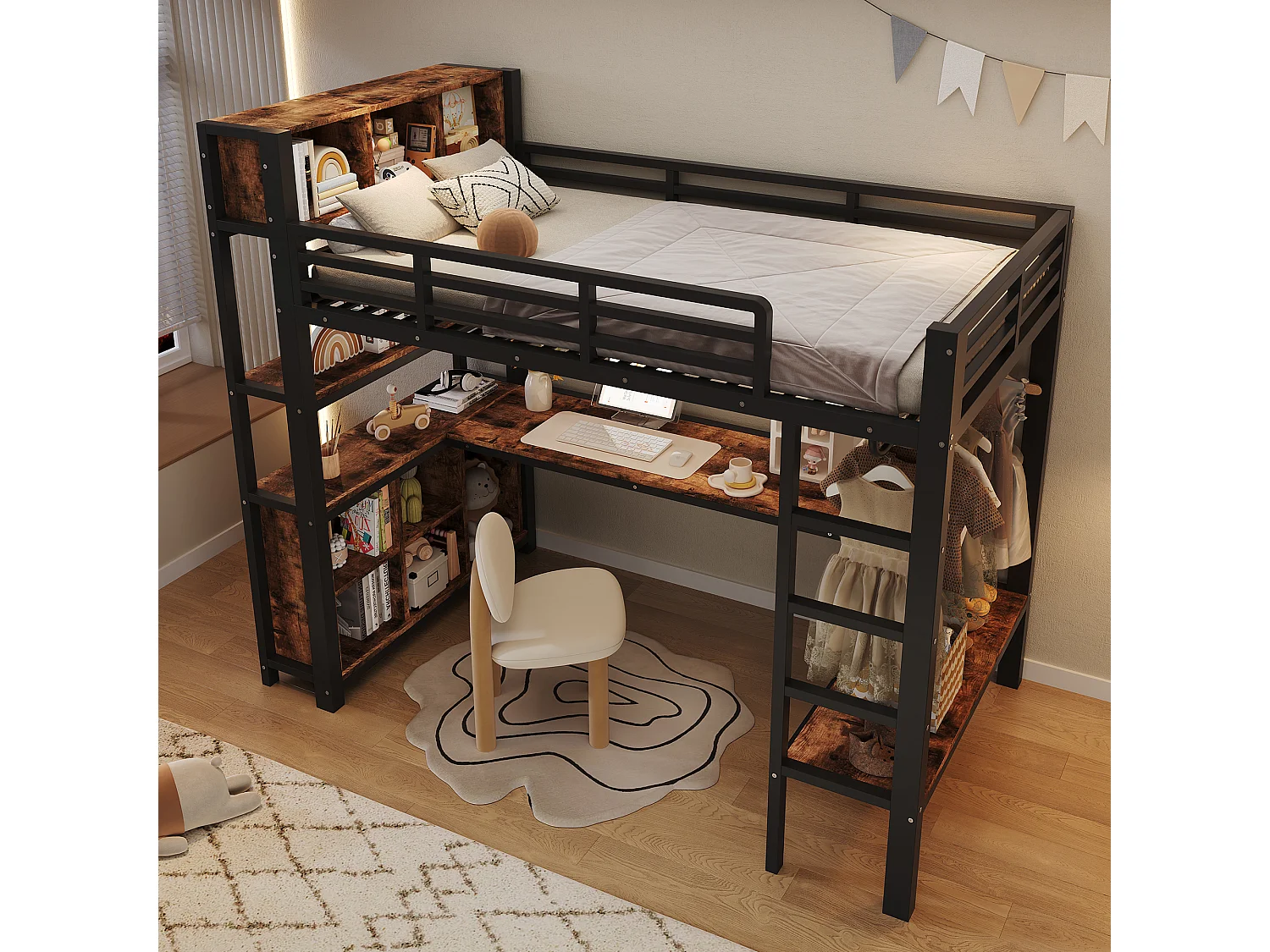 Lit mezzanine 90 x 200 cm - avec table - avec penderie - avec étagère - noir (matelas non inclus)