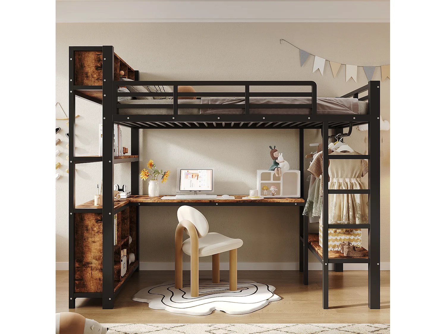Lit mezzanine 90 x 200 cm - avec table - avec penderie - avec étagère - noir (matelas non inclus)