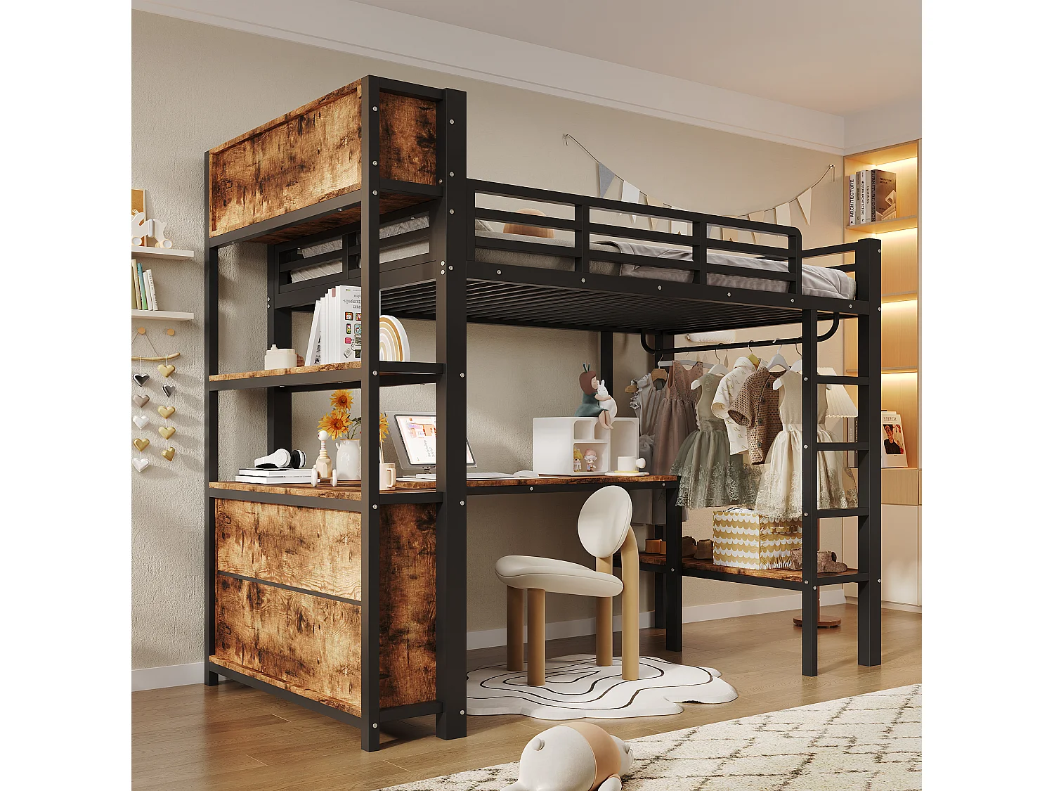 Lit mezzanine 90 x 200 cm - avec table - avec penderie - avec étagère - noir (matelas non inclus)