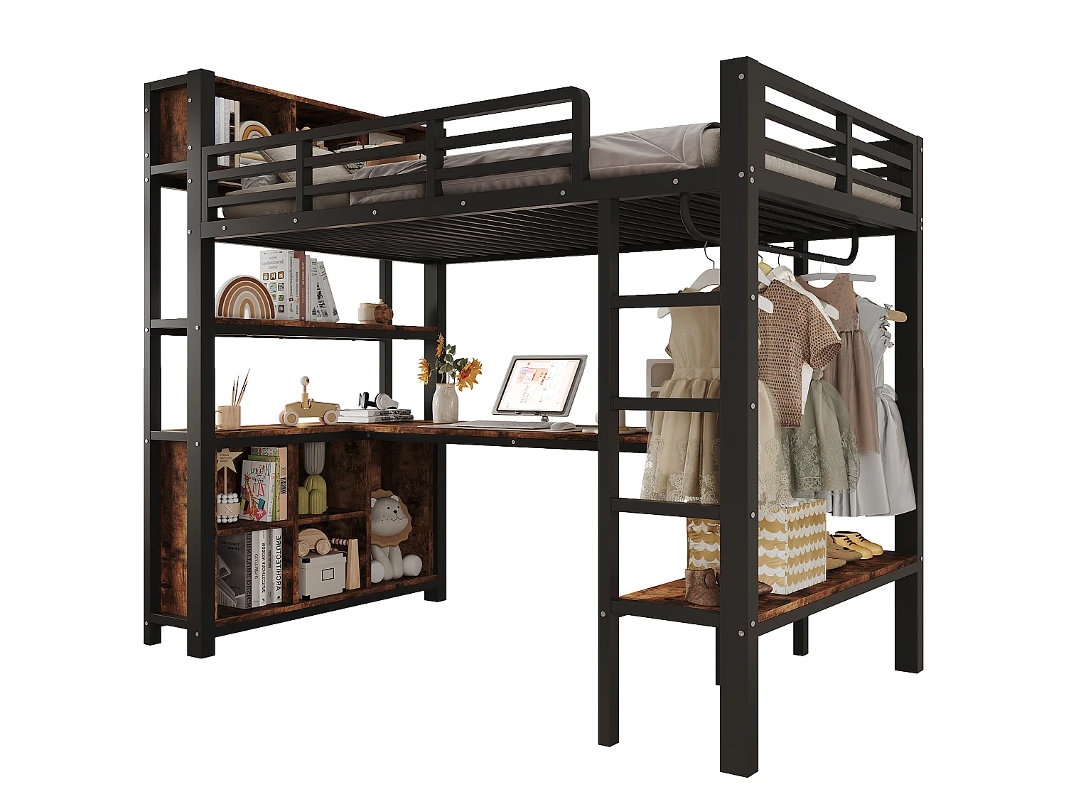 Lit mezzanine 90 x 200 cm - avec table - avec penderie - avec étagère - noir (matelas non inclus)