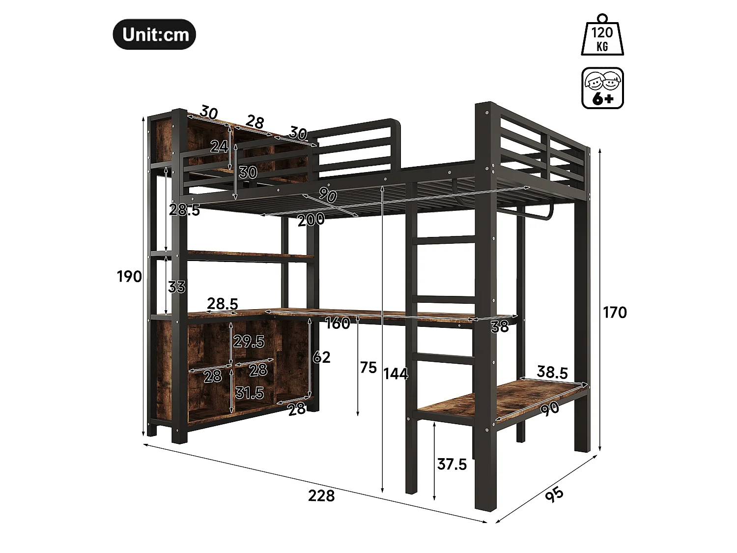 Lit mezzanine 90 x 200 cm - avec table - avec penderie - avec étagère - noir (matelas non inclus)