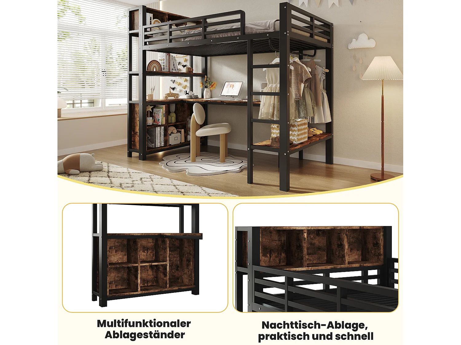 Lit mezzanine 90 x 200 cm - avec table - avec penderie - avec étagère - noir (matelas non inclus)