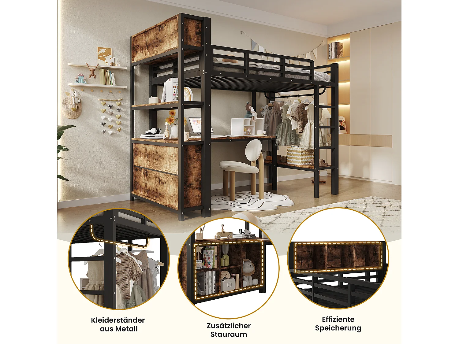 Lit mezzanine 90 x 200 cm - avec table - avec penderie - avec étagère - noir (matelas non inclus)