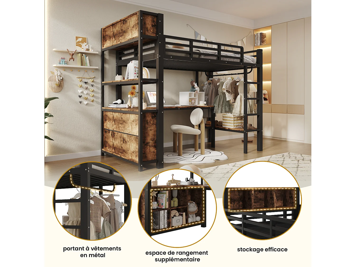 Lit mezzanine 90 x 200 cm - avec table - avec penderie - avec étagère - noir (matelas non inclus)