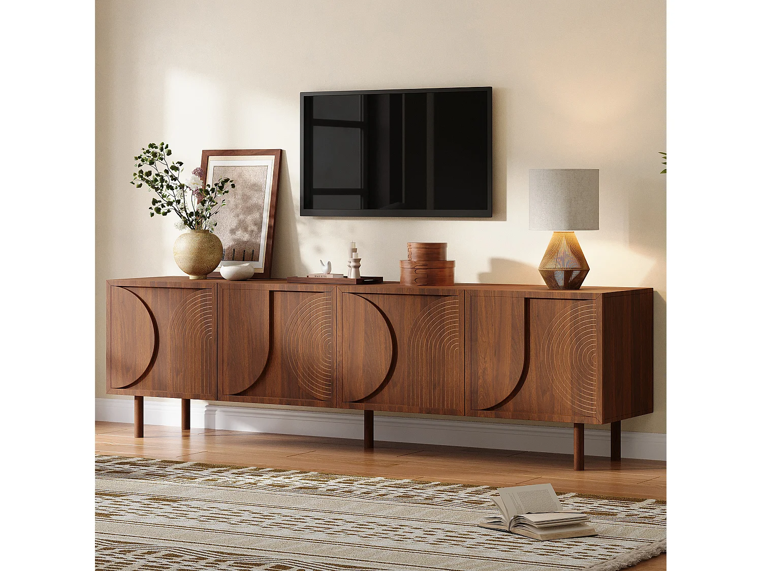 Meuble TV moderne 180×38×56,5 cm - 4 portes et 2 compartiments de rangement - Convient aux TV jusqu'à 75 pouces - Marron