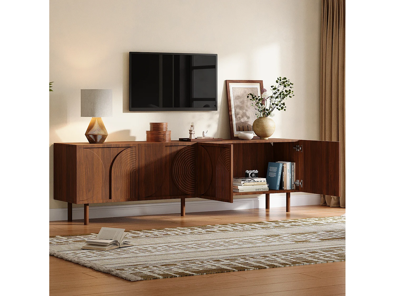 Meuble TV moderne 180×38×56,5 cm - 4 portes et 2 compartiments de rangement - Convient aux TV jusqu'à 75 pouces - Marron
