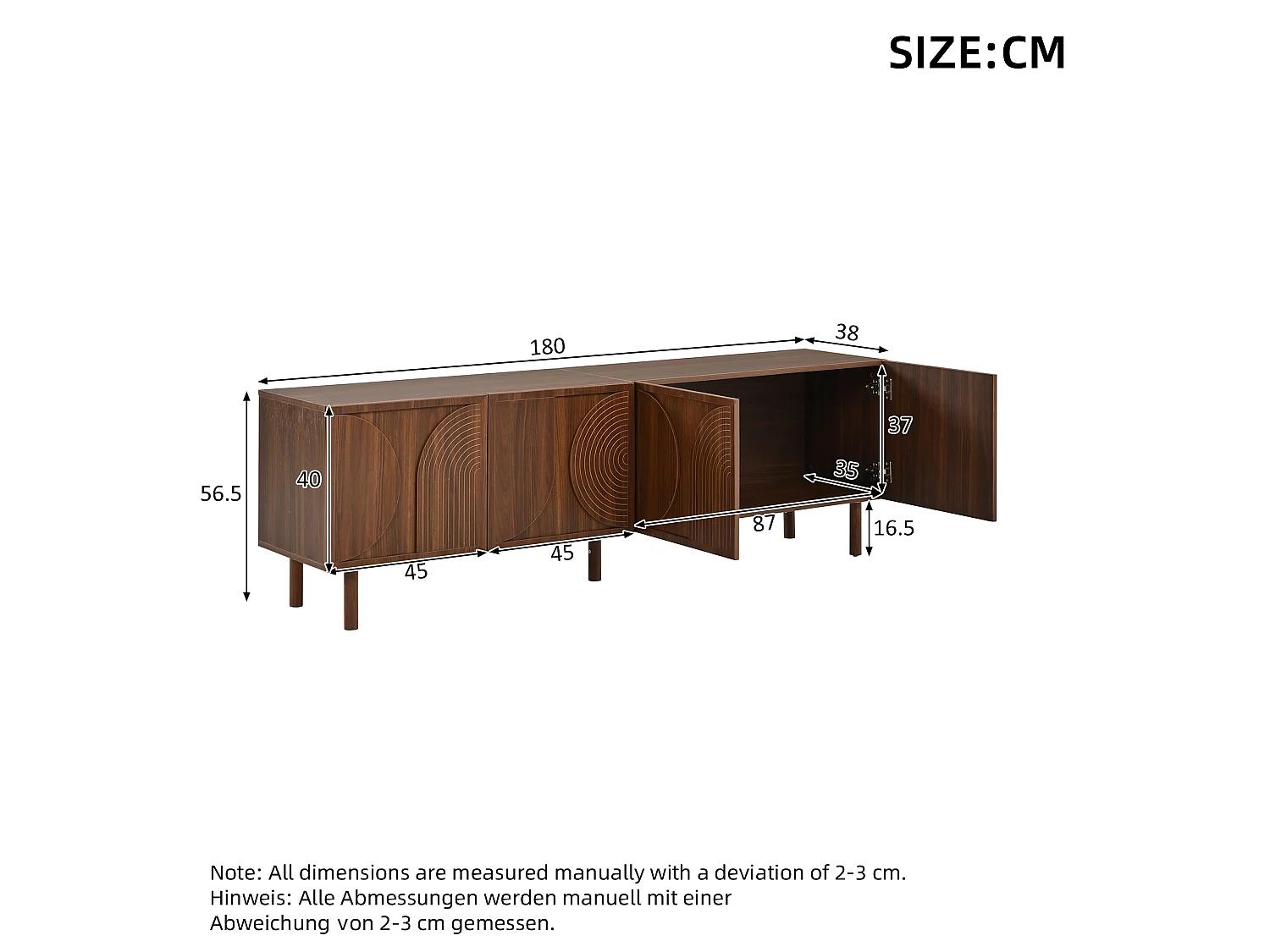 Meuble TV moderne 180×38×56,5 cm - 4 portes et 2 compartiments de rangement - Convient aux TV jusqu'à 75 pouces - Marron