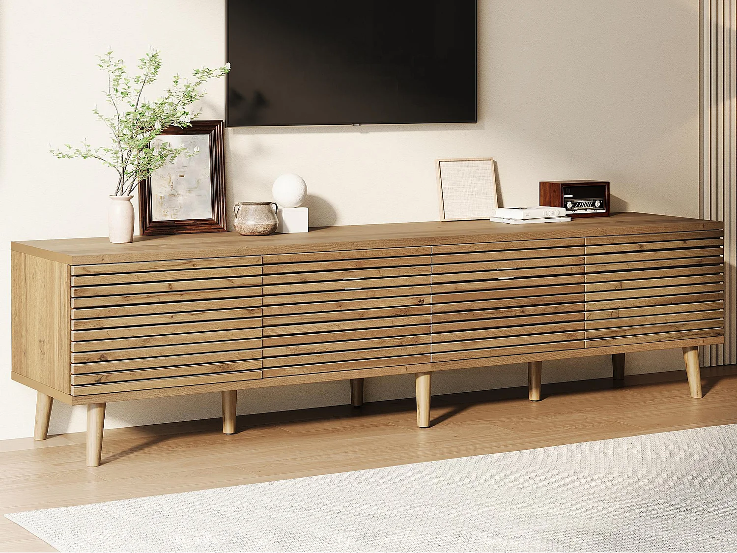 TV-Möbel 180x40x46 cm - 4 Türen - offenes Design - geeignet für TVs bis 75 Zoll - MDF - Natur
